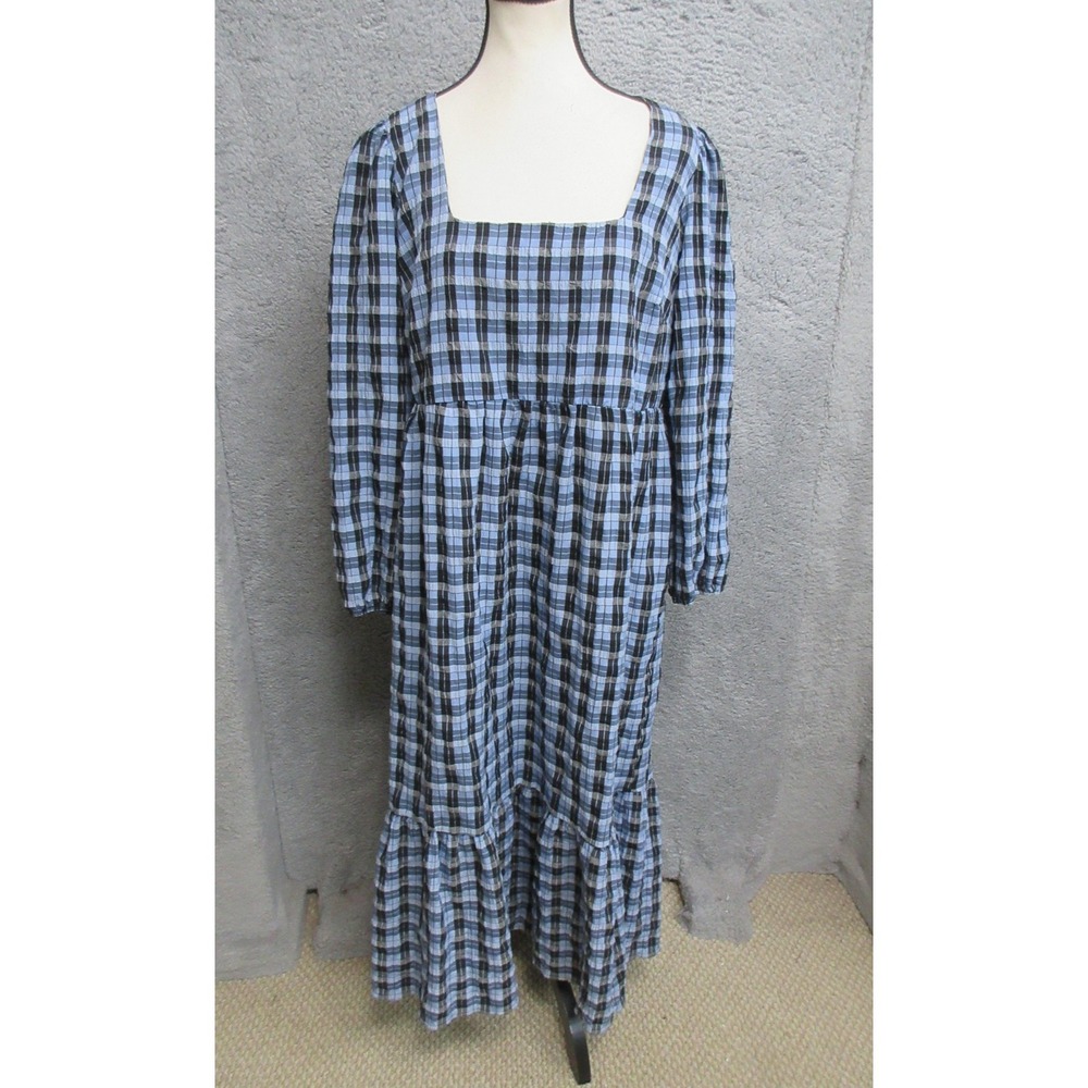 New Look Prairie Dress Womens 12 Blue Black Plaid Maxi Square Neck CottageTiered